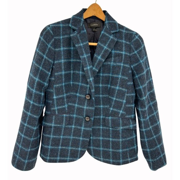 Talbots Jackets & Blazers - Talbots Womens 6 Wool Blend Navy & Turquoise Plaid Blazer AOP Lining Academia